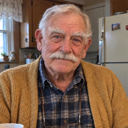 Orville with white hair and mustache, a scar gap in his left eyebrow, a mustard cardigan over a navy plaid shirt, and glasses on a cord.