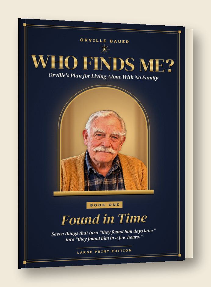 Book One cover: Who Finds Me? Found in Time. Gold title on navy, Orville at a lamp-lit window.